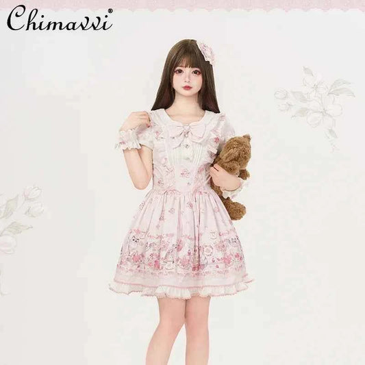 Original New Spring Summer Cute Print Short-sleeved Lolita OP Dress Japanese Sweet Girl Mass-produced Kawaii Bow Short Dresses