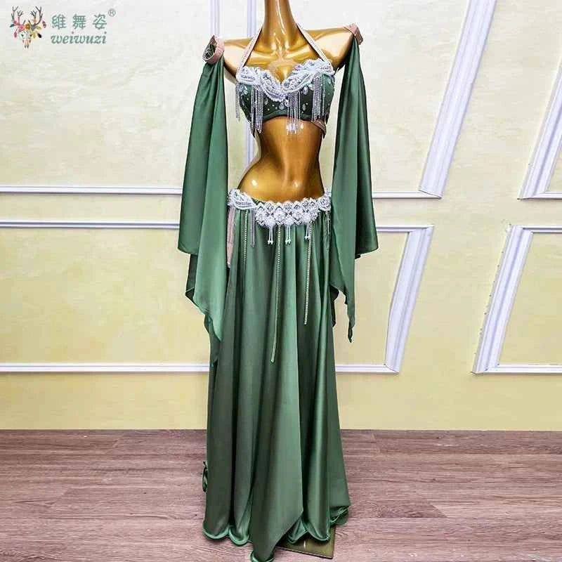 Belly Dance Outfit Suit Women's Customized Senior AB Stones Bra+sexy Split Long Skirt 2pcs Oriental Dance Performance Costumes