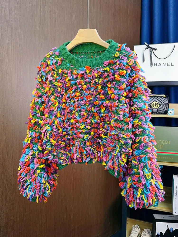 Fringe Crochet Jumper Rainbow Color Handmade Sweater Crew Neck Thick Needles Knit Pullover Knitwear Autumn/Winter Women Clothing SS69