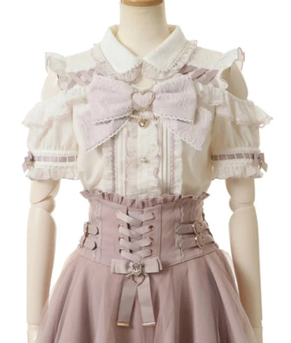 Japanese Liz Mine Women's Shirt Summer Off Shoulder Big Bow Short Sleeve Top Cute Girl BlousesHigh Waist Skirt 2 Piece Skirt Set SS69