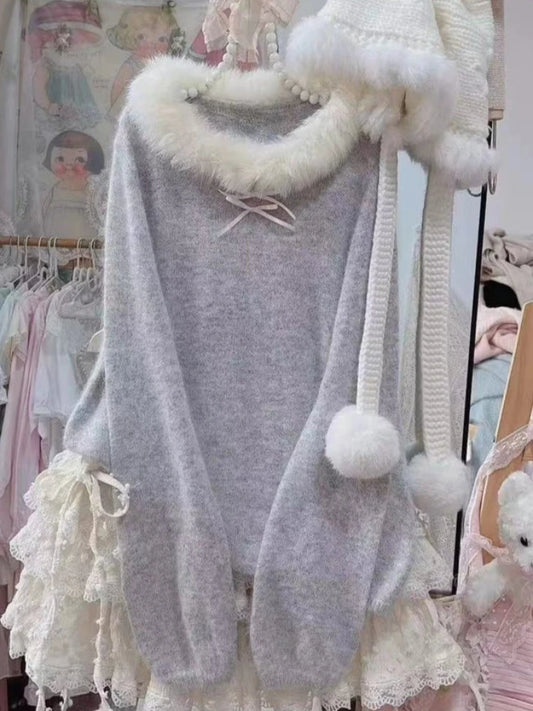 Winter Sweet Kawaii Patchwork Sweater Women Japanese Fashion Vintage Hot Girl Knitted Tops Y2k Elegant Cute Bow Pullover New