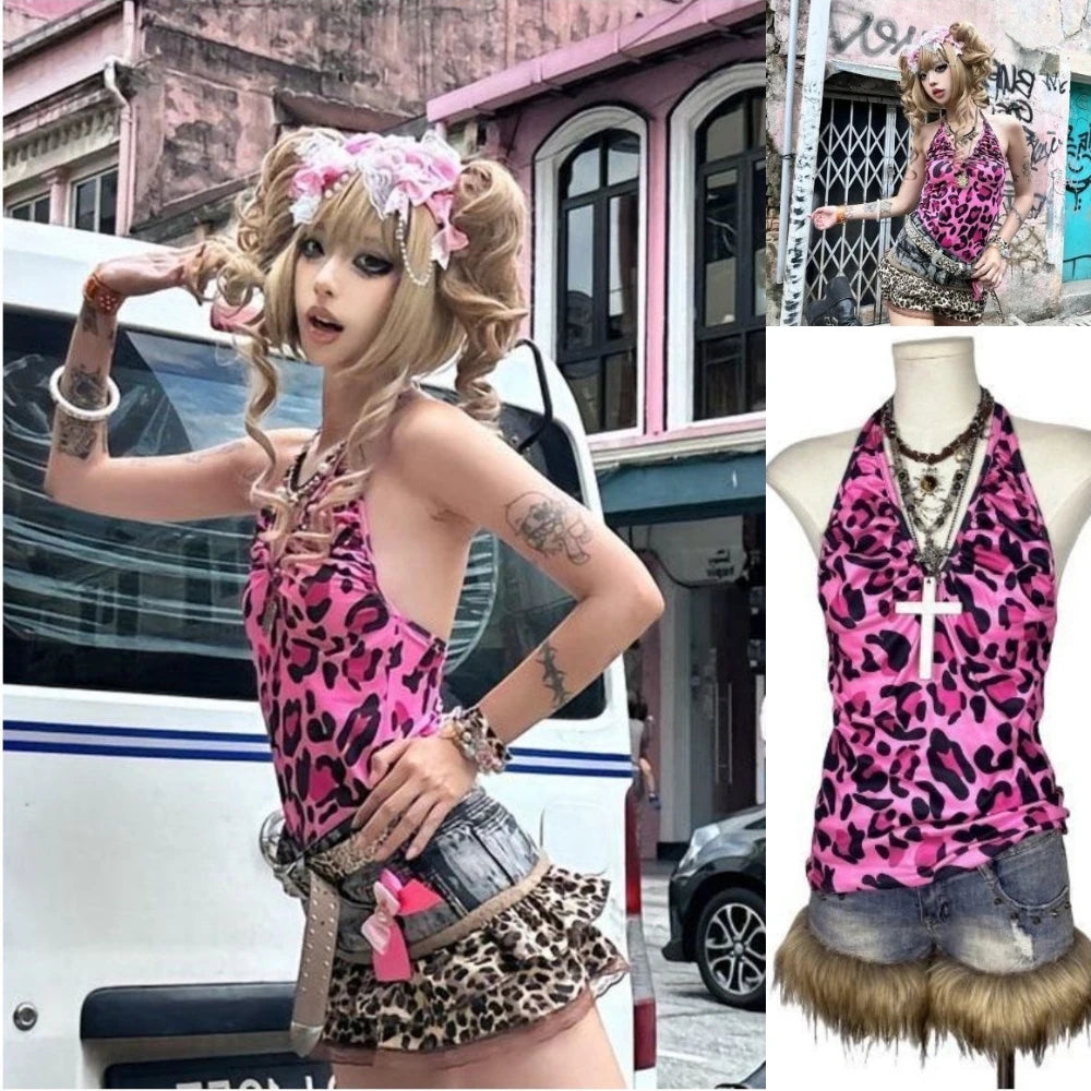 2000s American Vintage Sexy Leopard Camis Y2k Harajuku Slim Lace Patchwork Tanks Summer Streetwear Beach Party Sleeveless Tops