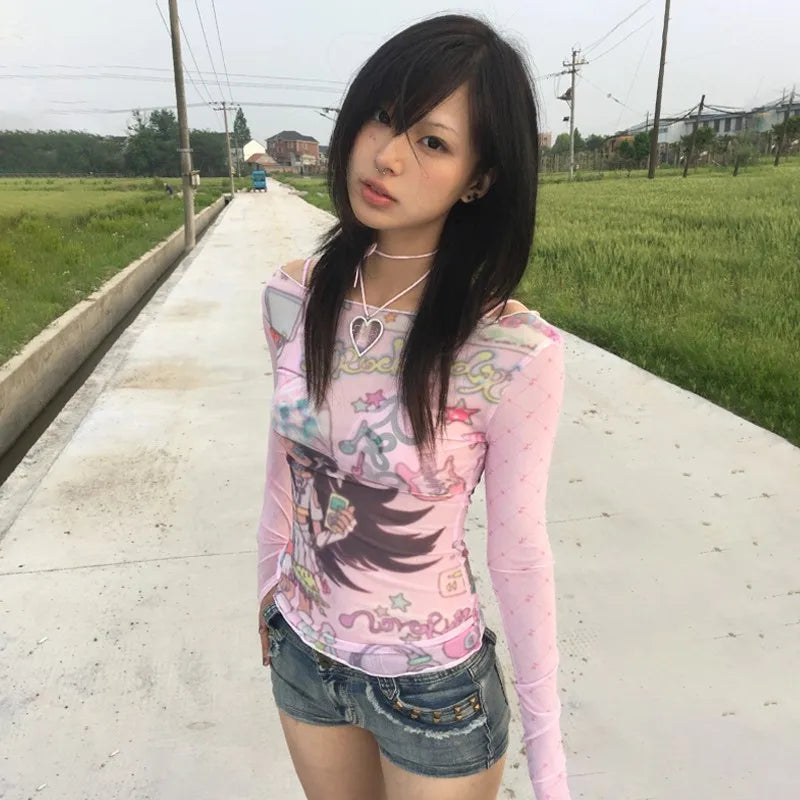 Karrram Japanese Y2k Anime Print Mesh Tops 2000s Aesthetics Pink Sheer Top Vintage Harajuku Kawaii See Through T-shirt Lolita SS69