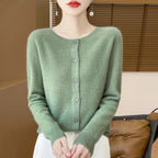 100%Merino Wool Cardigan Women's Round Neck Casual High-Quality AutumnWinter Solid Color Jacket Knit Basic Sweater Pure Wool Top SS69