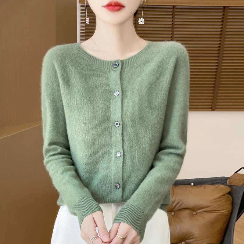 100%Merino Wool Cardigan Women's Round Neck Casual High-Quality AutumnWinter Solid Color Jacket Knit Basic Sweater Pure Wool Top SS69