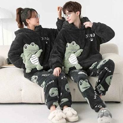 Adult Winter Thicken Sleepwear Pajamas Set Women Coral Fleece Pyjama Cartoon Deer Panda Hooded Homewear Loungewear Pijamas Suit