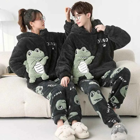 Adult Winter Thicken Sleepwear Pajamas Set Women Coral Fleece Pyjama Cartoon Deer Panda Hooded Homewear Loungewear Pijamas Suit