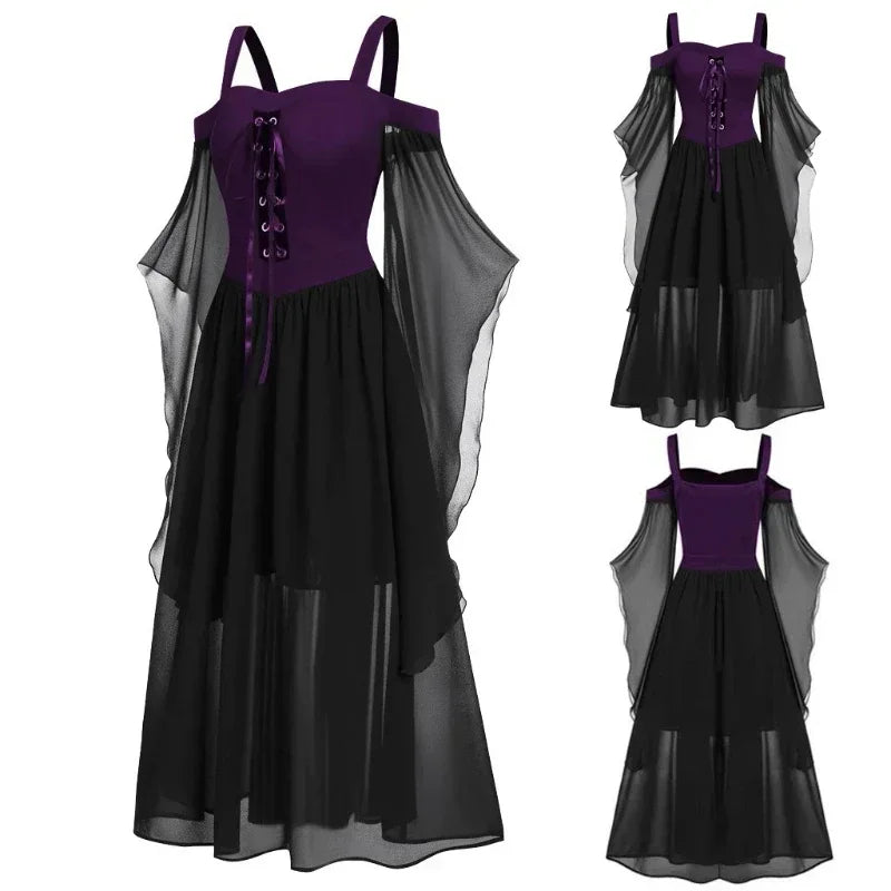 New Medieval Witch Dress for Women Halloween Carnival Women Plus Size Cold Shoulder Butterfly Sleeve Halloween Gothic Dress