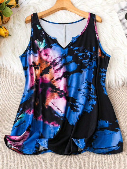 Plus Size Tie Dye  Casual Sleeveless Notched Neck Tank Top - SS69 