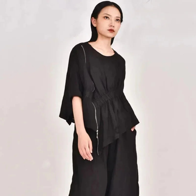 Summer New Loose Women's Artistic Linen Asymmetrical Shirt plus Size Harem Pants Comfortable Breathable Casual Wear SS69 71.69 All yards / Black color tops