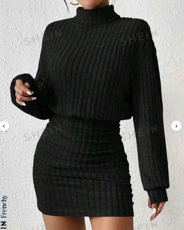 Women's Autumn Winter Fashion High Neck Knitted Sweater Dress Female Casual Solid Loose Long Sleeve Warm Mid Length Dresses