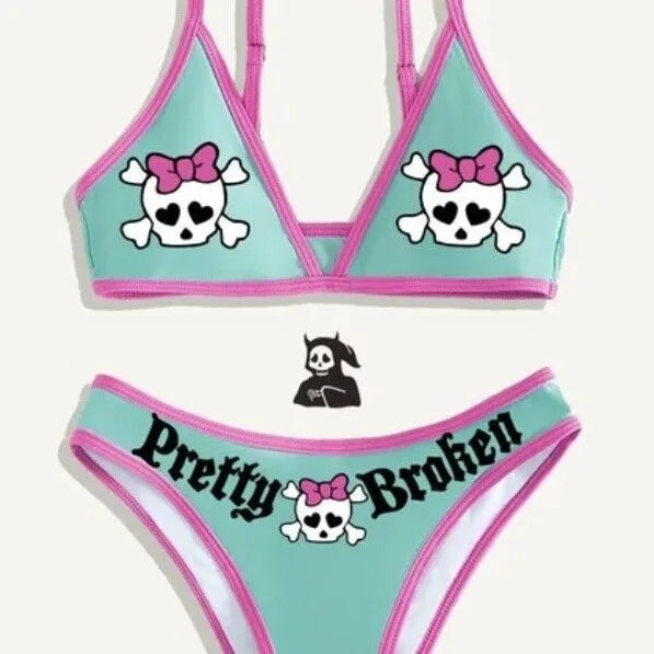 New Punk Gothic Letters Print Bikinis Set Sexy Bikini Women Skull Pattern V-neck Swimwear Fashion Swimsuit Bathing Suit SS69 24.69 1 / XL