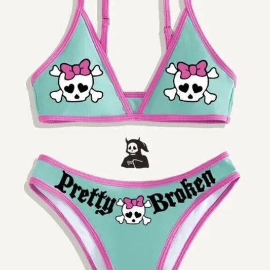 New Punk Gothic Letters Print Bikinis Set Sexy Bikini Women Skull Pattern V-neck Swimwear Fashion Swimsuit Bathing Suit SS69 24.69 1 / XL