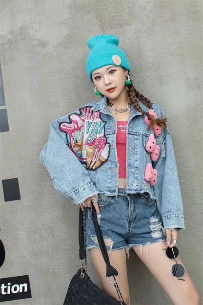 2024 New Women Coat Cartoon Sticker Embroidered Sequin Short Denim Jacket Loose Bowknot Top SS69 60.69 model 3 / One Size