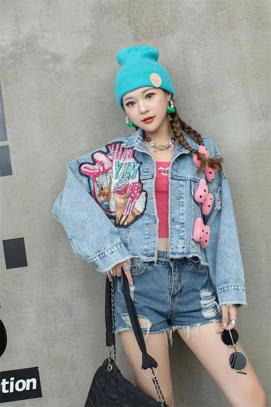 2024 New Women Coat Cartoon Sticker Embroidered Sequin Short Denim Jacket Loose Bowknot Top SS69 60.69 model 3 / One Size