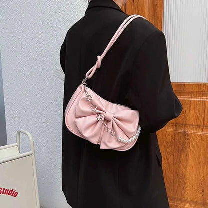 Trendy Pearl Bow Shoulder Bag Underarm Bag Daily Commuting Bag Casual Handbag Solid Business Women's Bag