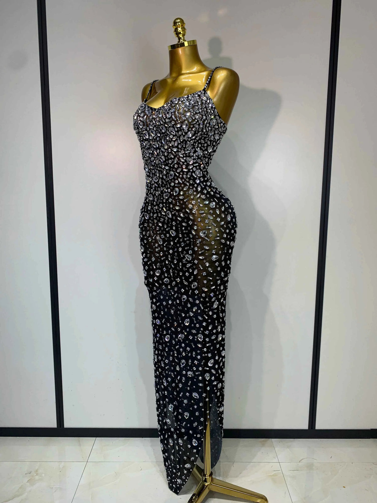 Luxury Rhinestones Sexy Mesh See Through Bodycon Dress Women Birthday Evening Cocktail party Gown Red Carpet Club Stage Outfit