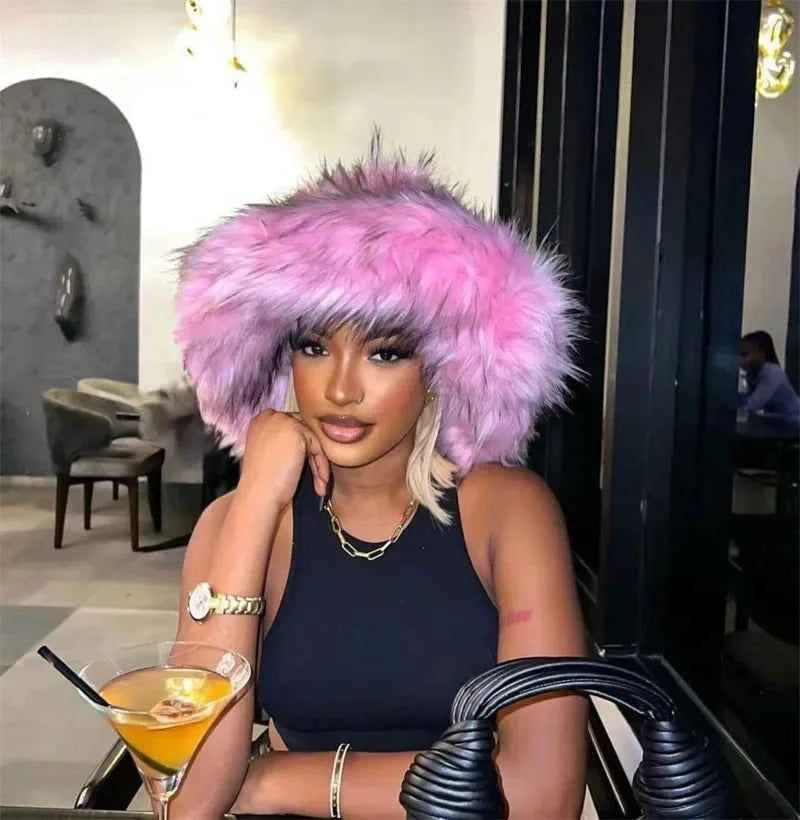 Luxury Fluffy Women Faux Fur Bucket Hats Oversized 17cm Wide Brim Thicken Outdoor Warm Plush Punk Hat Girl Y2k Female Ski Panama