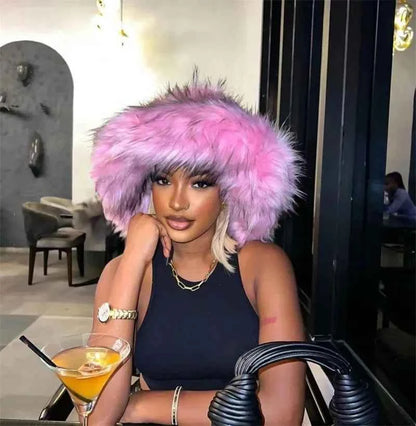 Luxury Fluffy Women Faux Fur Bucket Hats Oversized 17cm Wide Brim Thicken Outdoor Warm Plush Punk Hat Girl Y2k Female Ski Panama