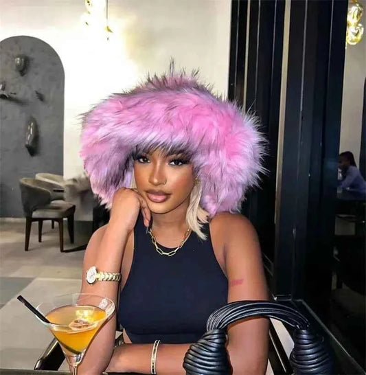 Luxury Fluffy Women Faux Fur Bucket Hats Oversized 17cm Wide Brim Thicken Outdoor Warm Plush Punk Hat Girl Y2k Female Ski Panama