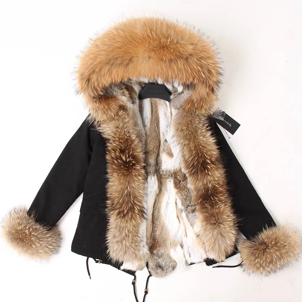 Maomaokong Winter Women Parka Cotton Jacket Real Fur Coat Natural Fox Fur Hooded Rabbit Fur Liner Thick Warm Outerwear Female