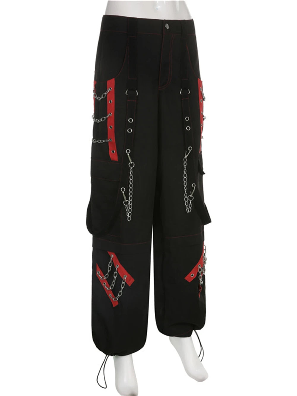 Cyber Punk Unisex Cargo Wide Leg Pants Chain Bandage Ruched Tie Capris Pants Women Gothic Baggy Trousers BF Hippie Grunge Jogger SS69