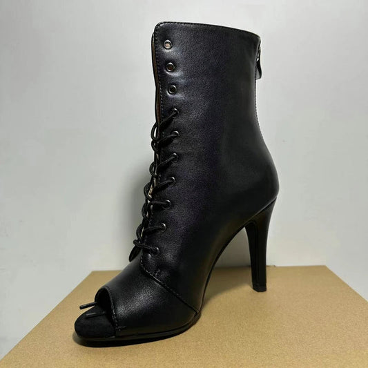Women's Black Peep-Toe High Heel Stilettos Size 46 New Fashion Brand Party Boots for Ballroom Latin Jazz Dance Sexy Party Shoes SS69