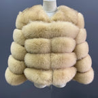 WGLUVF Women's Real Fox Fur Short O-Neck Coat