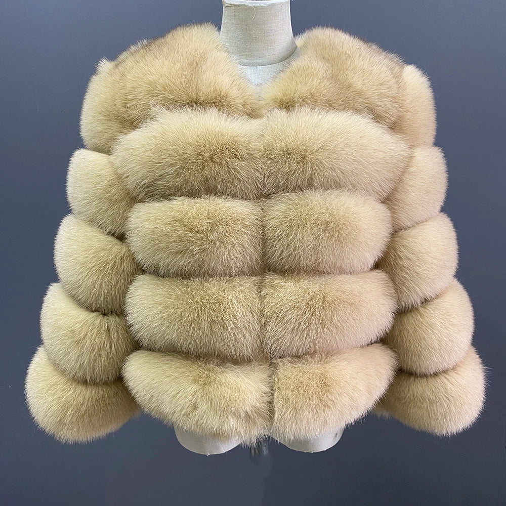 WGLUVF Women's Real Fox Fur Short O-Neck Coat
