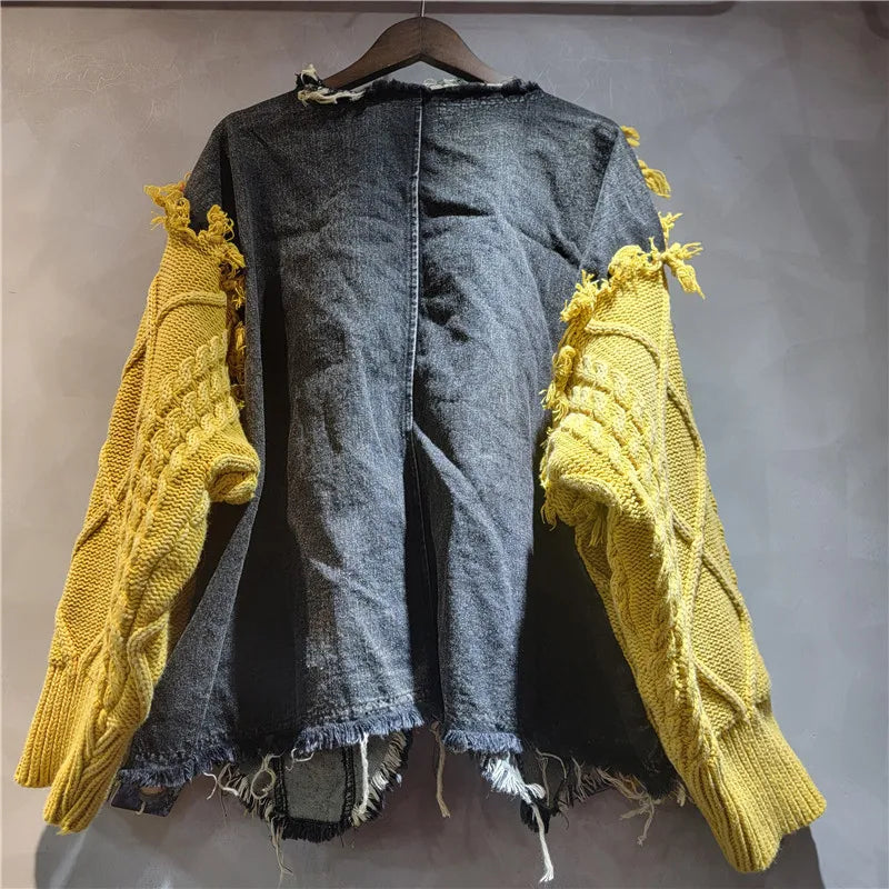 Nancylim Women's Vintage Denim Patchwork Knit Pullover