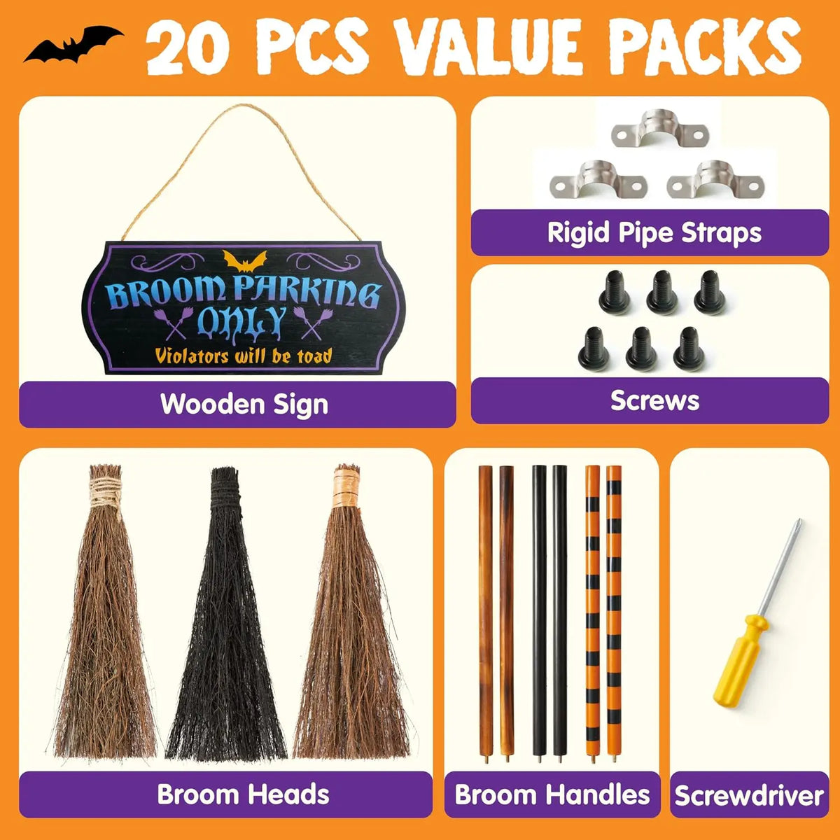 Halloween Broom Parking Sign with 3pcs Wooden Witches Brooms Halloween Decorations Outdoor Wooden Warning Sign for Front Porch Wall Decor Home Office Indoor