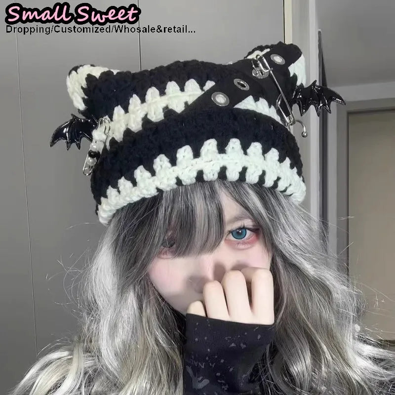 Gothic Devil Cat Ear Beanie Hat - Striped Knit Winter Hat