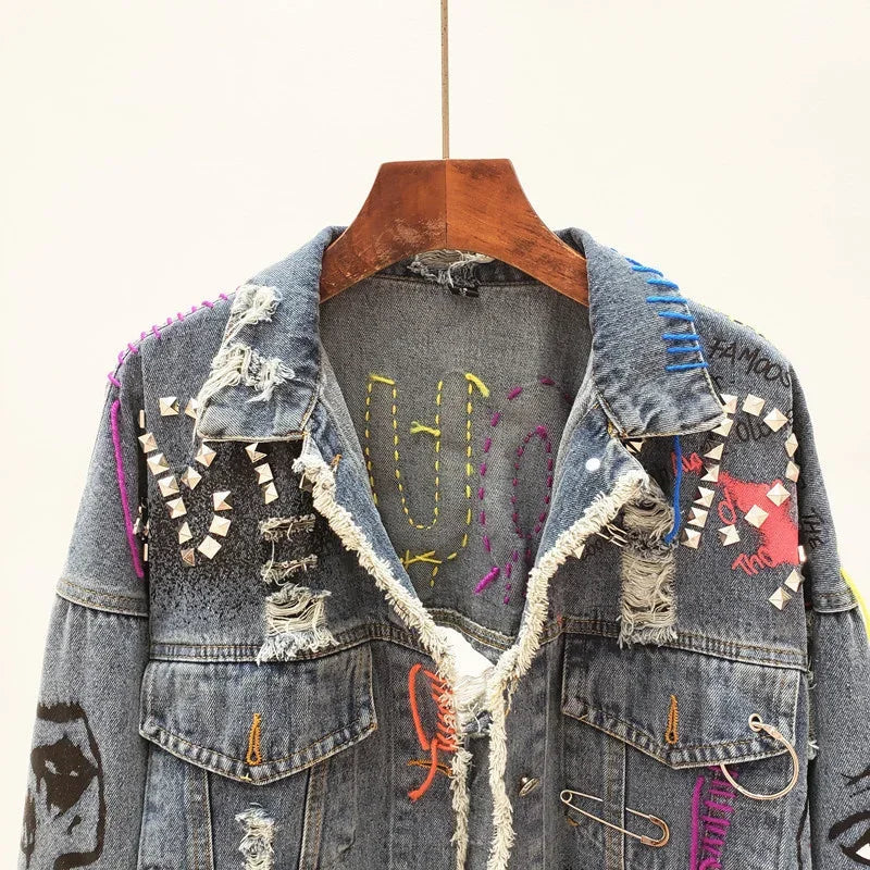 2025 Spring Autumn Women Street Fashion Graffiti Denim Jacket Female Short Frayed Raw Cut Rivet Jacket Fringe Jean Coat Outwear SS69