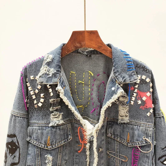 2025 Spring Autumn Women Street Fashion Graffiti Denim Jacket Female Short Frayed Raw Cut Rivet Jacket Fringe Jean Coat Outwear SS69