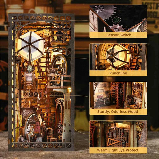 Book Nook Kit Maker's Workshop DIY Wooden Puzzle Balloon Studio Ship Bookshelf Dollhouse Model Bookend Building Home Deco