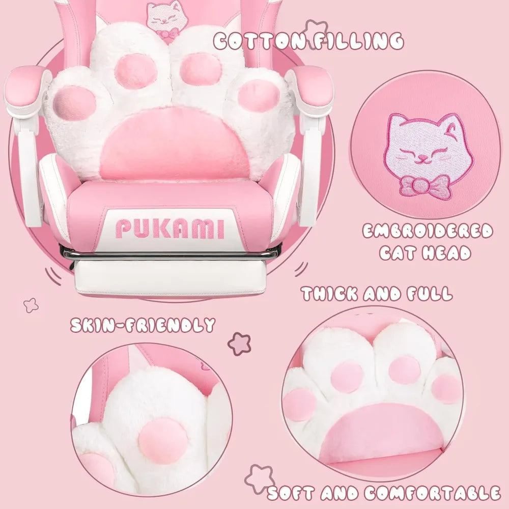 Pink Gaming Chair Cute with Cat Ears and Cat Paw Lumbar Cushion, Ergonomic Computer Chair for Girl with Footrest and Headrest SS69