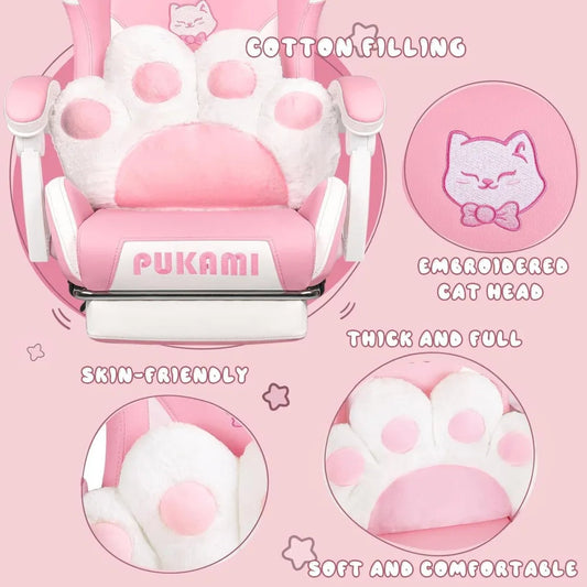 Pink Gaming Chair Cute with Cat Ears and Cat Paw Lumbar Cushion, Ergonomic Computer Chair for Girl with Footrest and Headrest SS69
