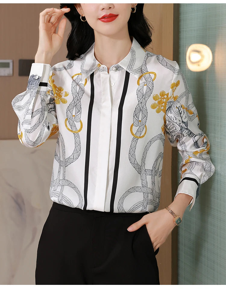 Camisas Newest Exclusive Women Luxury Shirt Long Sleeve Lapel Satin Shirt Old Money Print Brand Design Shirt OL Blouse руба