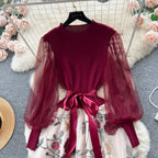 SINGREINY Senior Knitted Patchwork Dress Long Lantern Sleeves Bow Mesh Embroidery Floral Women Autumn France Elegant Party Dress