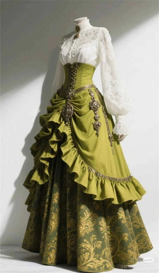 2 Pcs Set Vintage Renaissance Gothic High Waist Corset Lace-up Ruched French Victorian Steampunk Dress Long Skirt Evening Gown