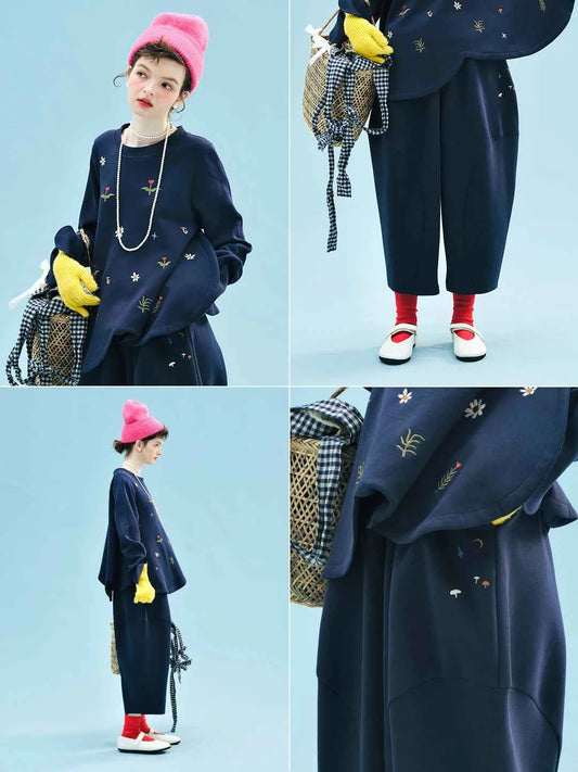 imakokoni 2025 Autumn Japanese-Style Loose Cropped Radish Pants with Cute Embroidery 255250