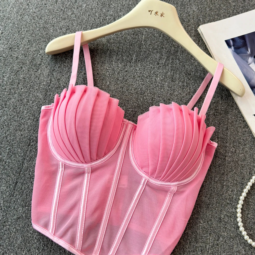 korean fashion mesh summer Fashion fishbone camis Corset  Slim Hotsweet Tank Top Women sweet crop top SS69