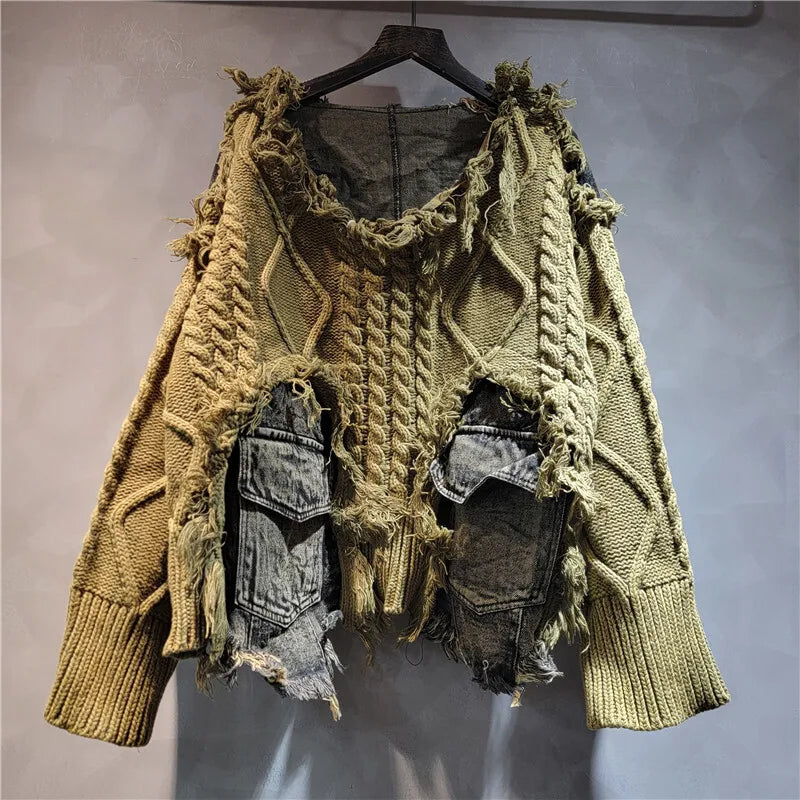 [EWQ] Vintage Long Sleeve Denim Pockets Patchwork V-Neck Orange-red Sweater Loose Tops Old Designs Women Pullover Knitted 6U1329 SS69