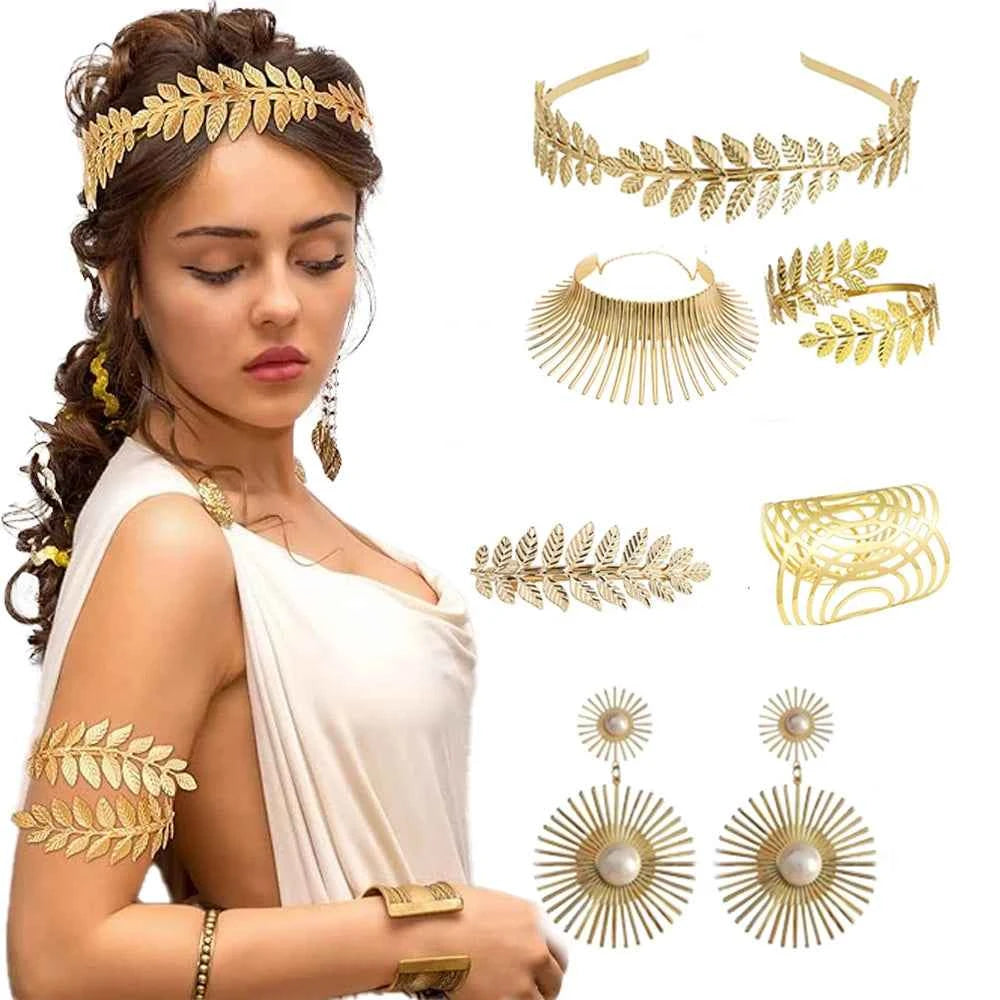 PESENAR Greek Goddess Costume Accessory Set with Golden Leaf Crown and Pearls