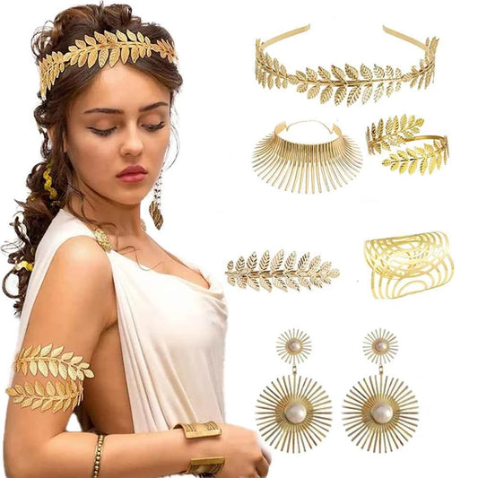 PESENAR Greek Goddess Costume Accessory Set with Golden Leaf Crown and Pearls