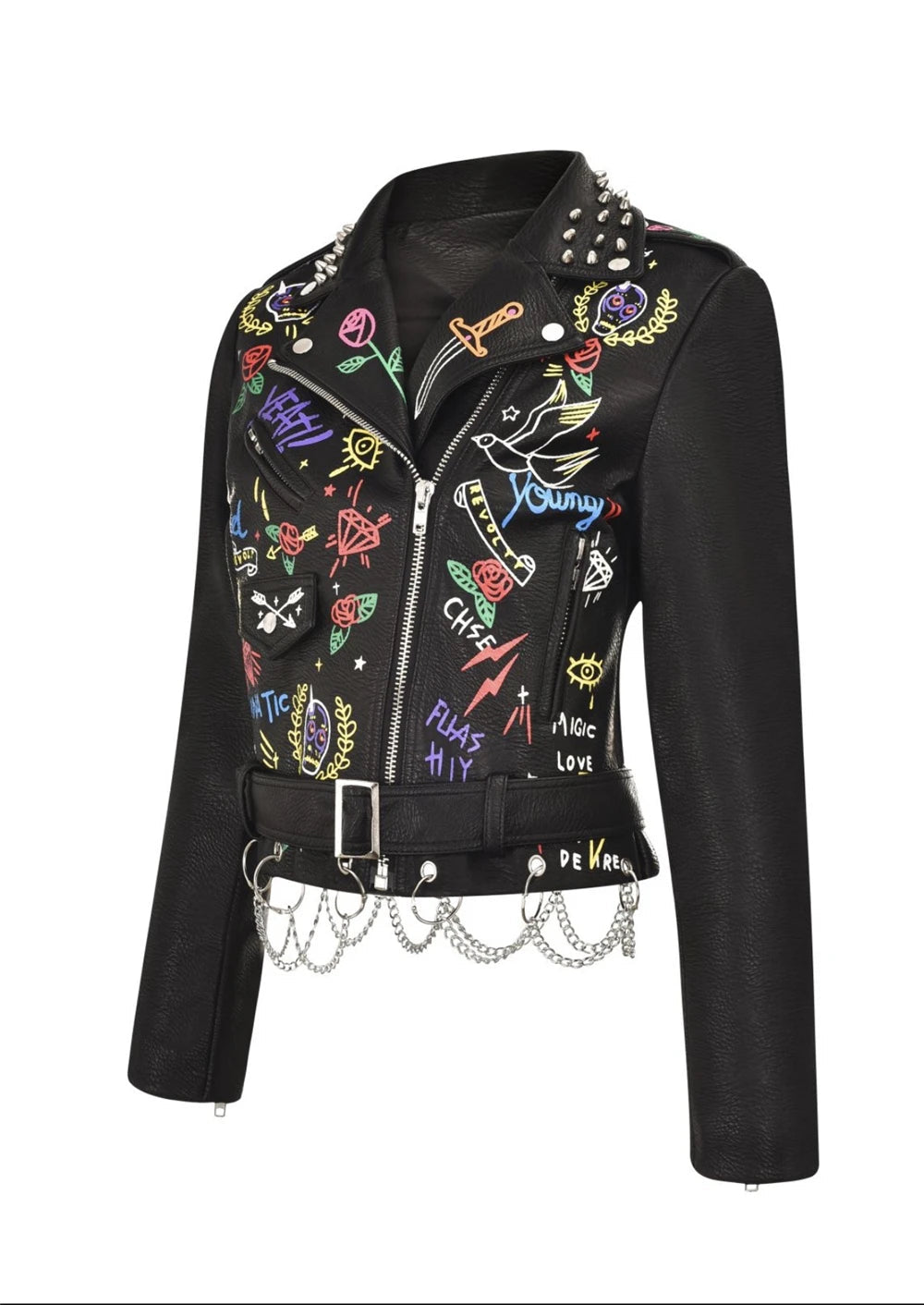 Fashion chain beading leather jacket Locomotive graffiti cartoon pu Leather Jacket female Punk Motorcyle Jacket with belt F2161 SS69