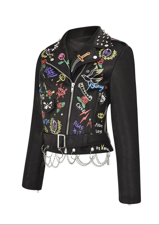 Fashion chain beading leather jacket Locomotive graffiti cartoon pu Leather Jacket female Punk Motorcyle Jacket with belt F2161 SS69