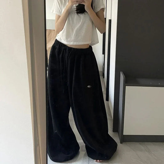 BiggOrange Women's High-Waist Oversized Hip-Hop Sweatpants, Black Wide-Leg