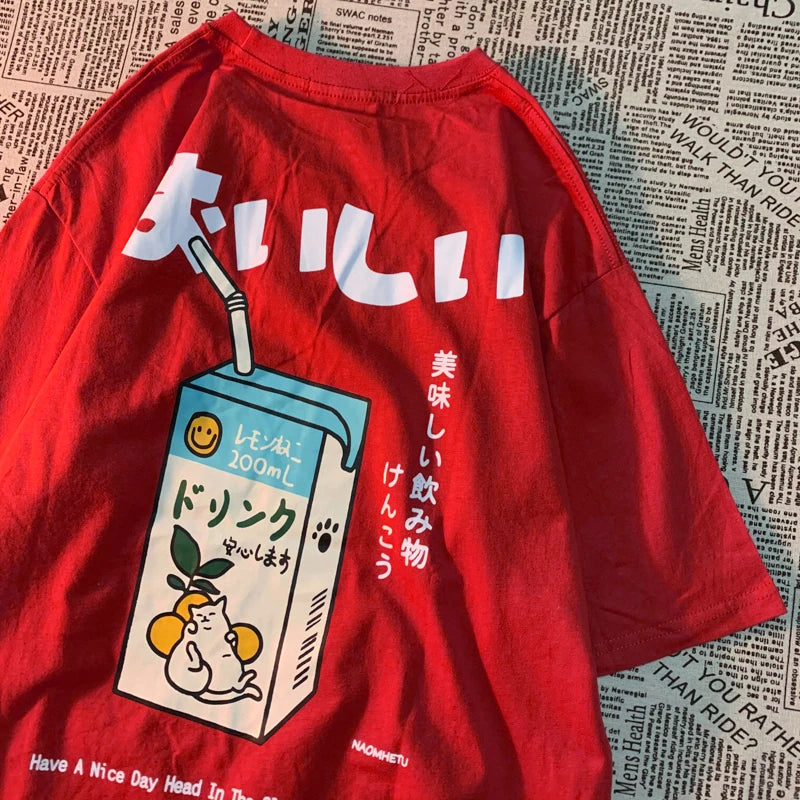 Cute Japanese Cat Print Oversized T-shirt Women Men Short Sleeve Loose Casual Tee Shirt Streetwear Tops Cotton Harajuku Clothing SS69 12.69 Red / S