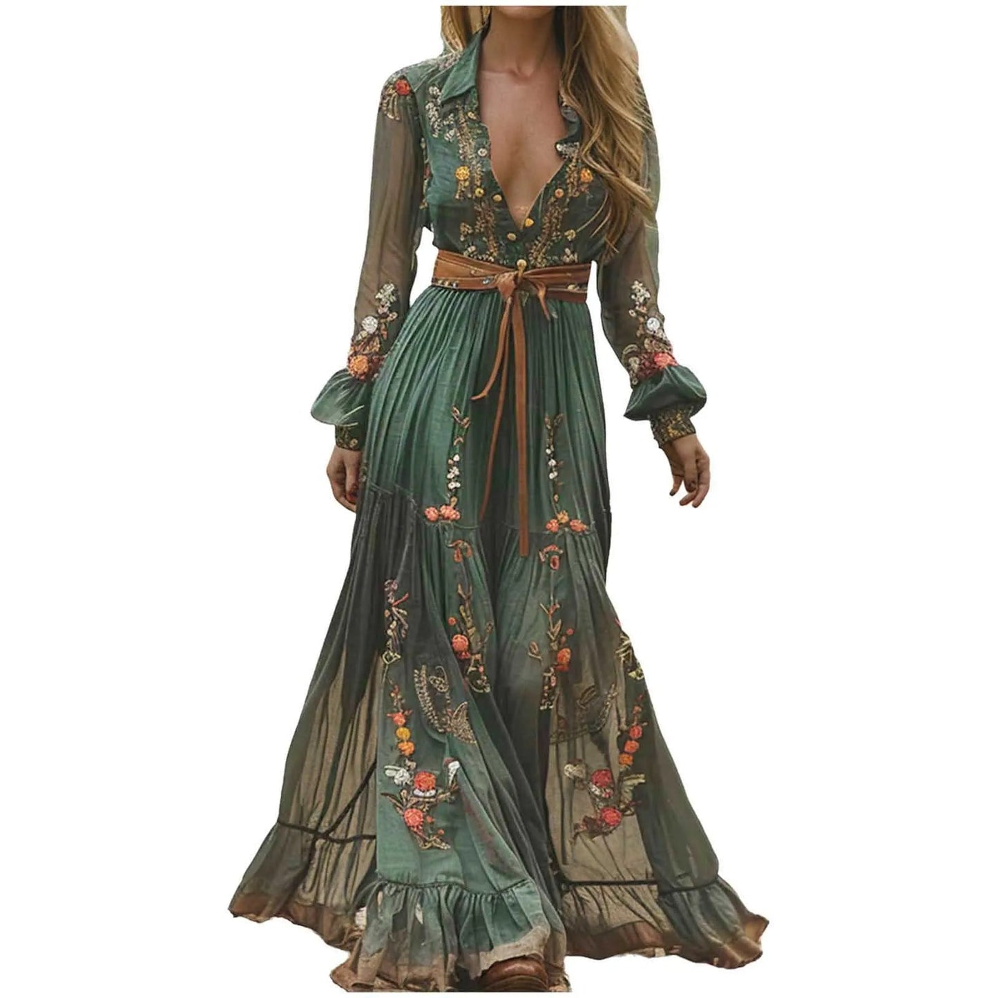 Ethnic Retro Floral Print Pleated Long Dress Sexy Shirt Collar Buttons Women Party Dress Fall Long Sleeve Boho Maxi Dress 2025 SS69